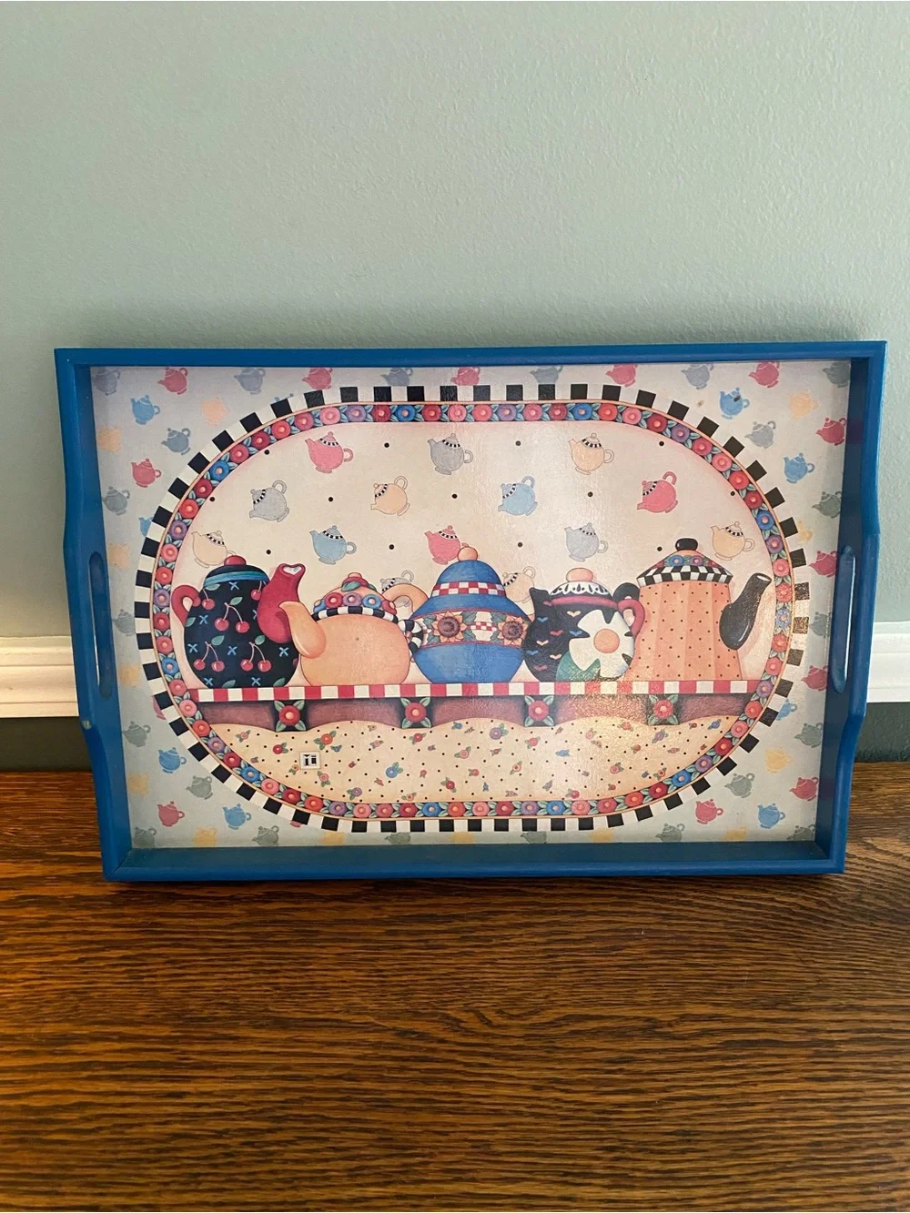 Vintage 90s Mary Engelbreit Large Wood Serving Tray Colorful Teapots Tea Party